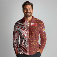Tonga Language Week Long Sleeve Polo Shirt Ngatu Pattern and Tongan Alphabet LT03 - Polynesian Pride