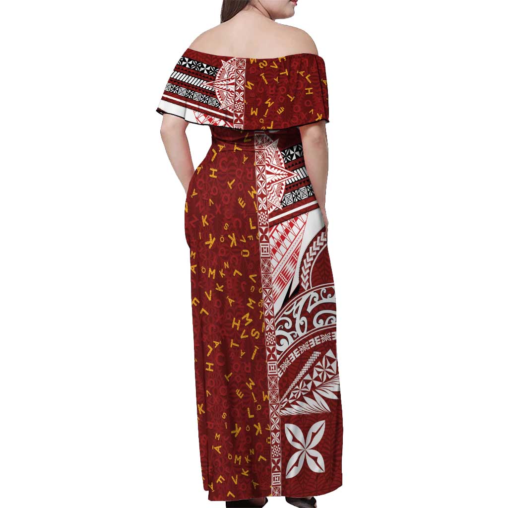 Tonga Language Week Off Shoulder Maxi Dress Ngatu Pattern and Tongan Alphabet - Polynesian Pride