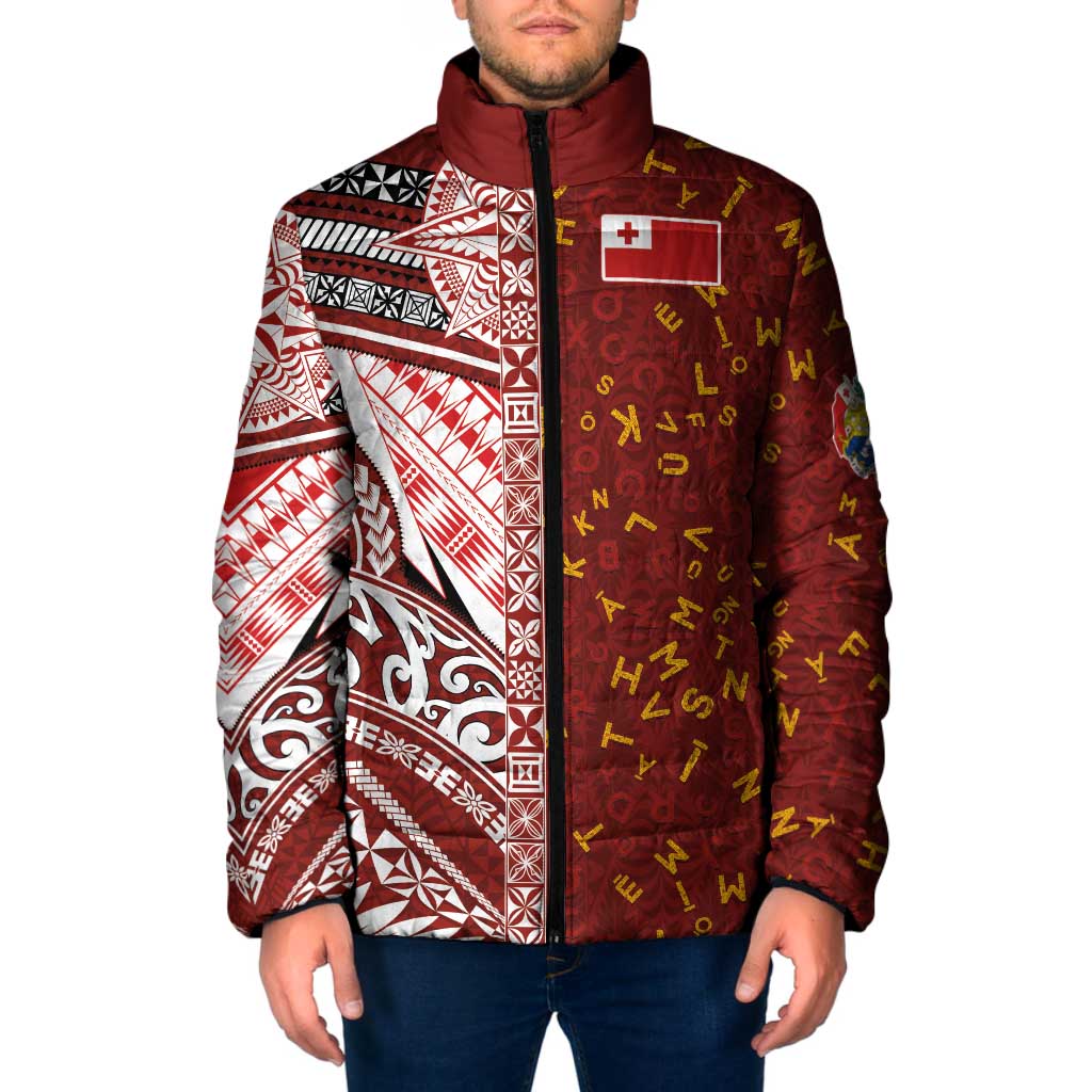 Tonga Language Week Padded Jacket Ngatu Pattern and Tongan Alphabet LT03 Men Red - Polynesian Pride