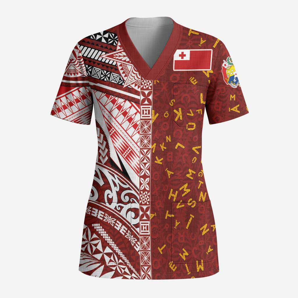 Tonga Language Week Scrub Top Ngatu Pattern and Tongan Alphabet - Polynesian Pride