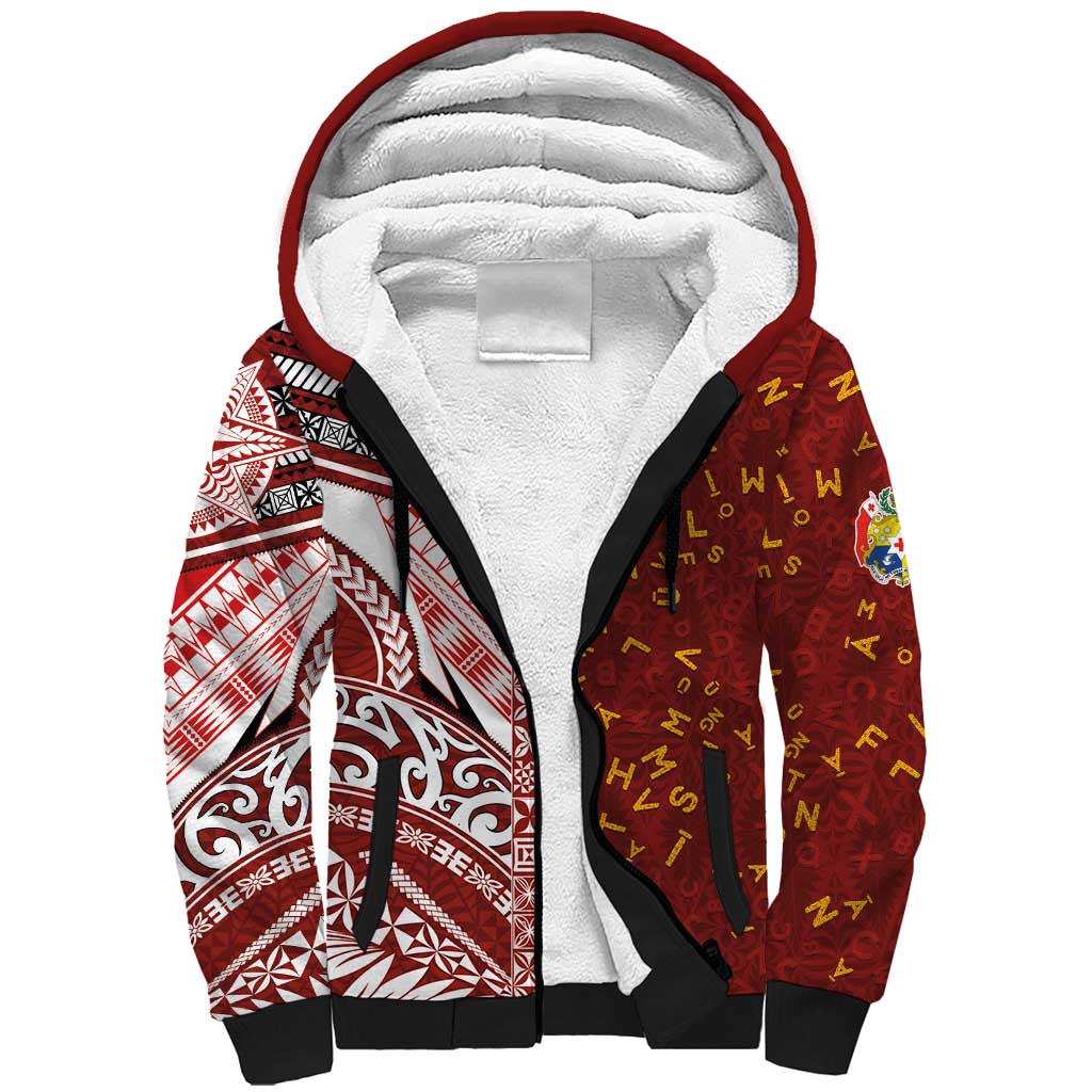 Tonga Language Week Sherpa Hoodie Ngatu Pattern and Tongan Alphabet LT03 Unisex Red - Polynesian Pride