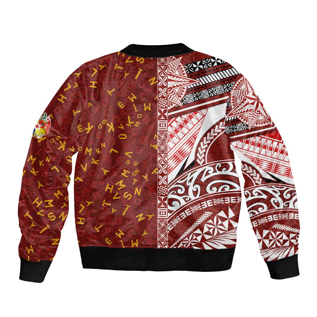 Tonga Language Week Sleeve Zip Bomber Jacket Ngatu Pattern and Tongan Alphabet LT03 - Polynesian Pride