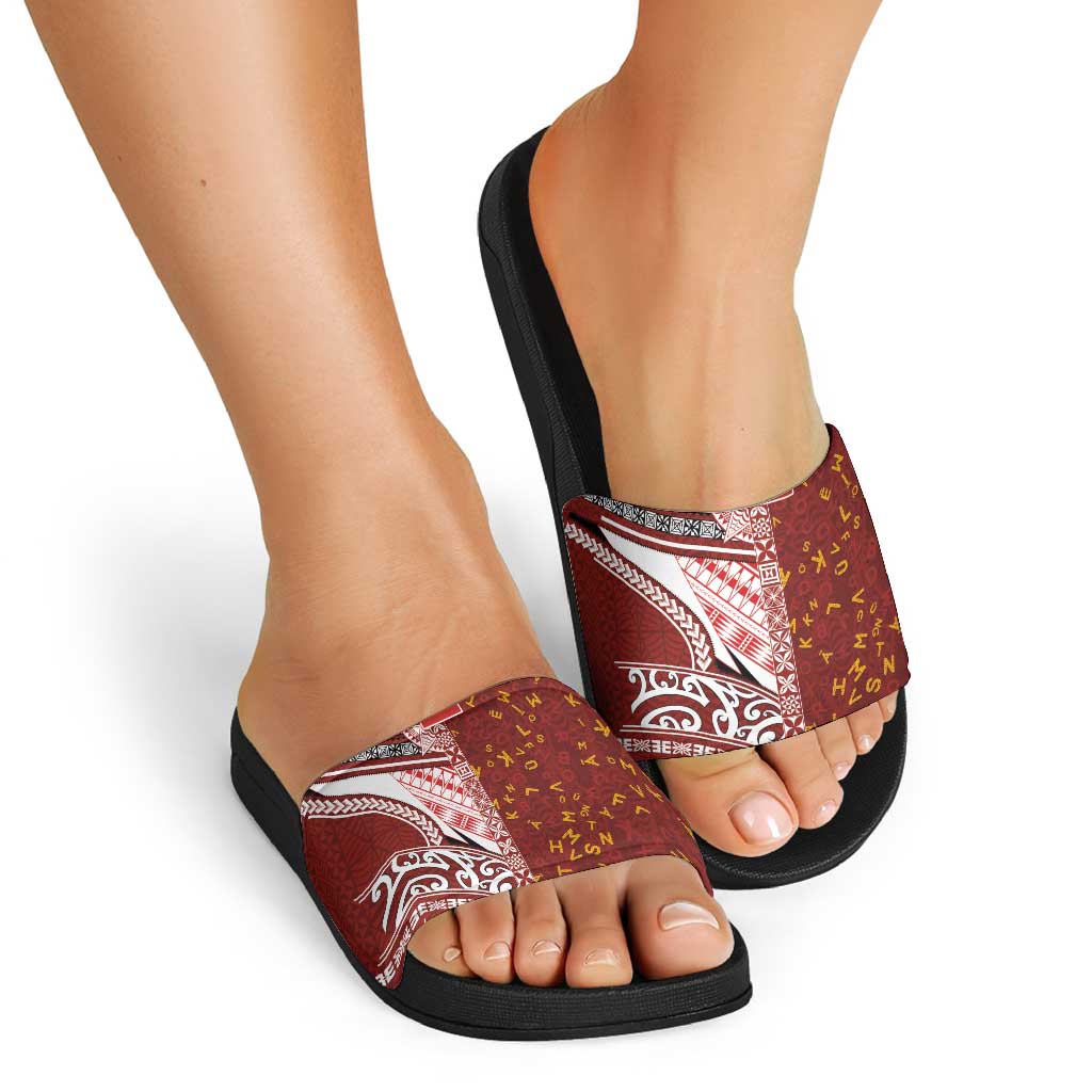 Tonga Language Week Slide Sandals Ngatu Pattern and Tongan Alphabet - Polynesian Pride