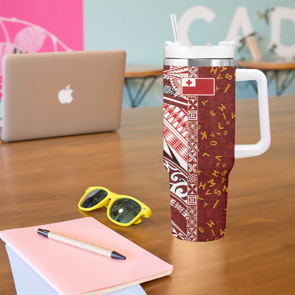 Tonga Language Week Tumbler With Handle Ngatu Pattern and Tongan Alphabet - Polynesian Pride