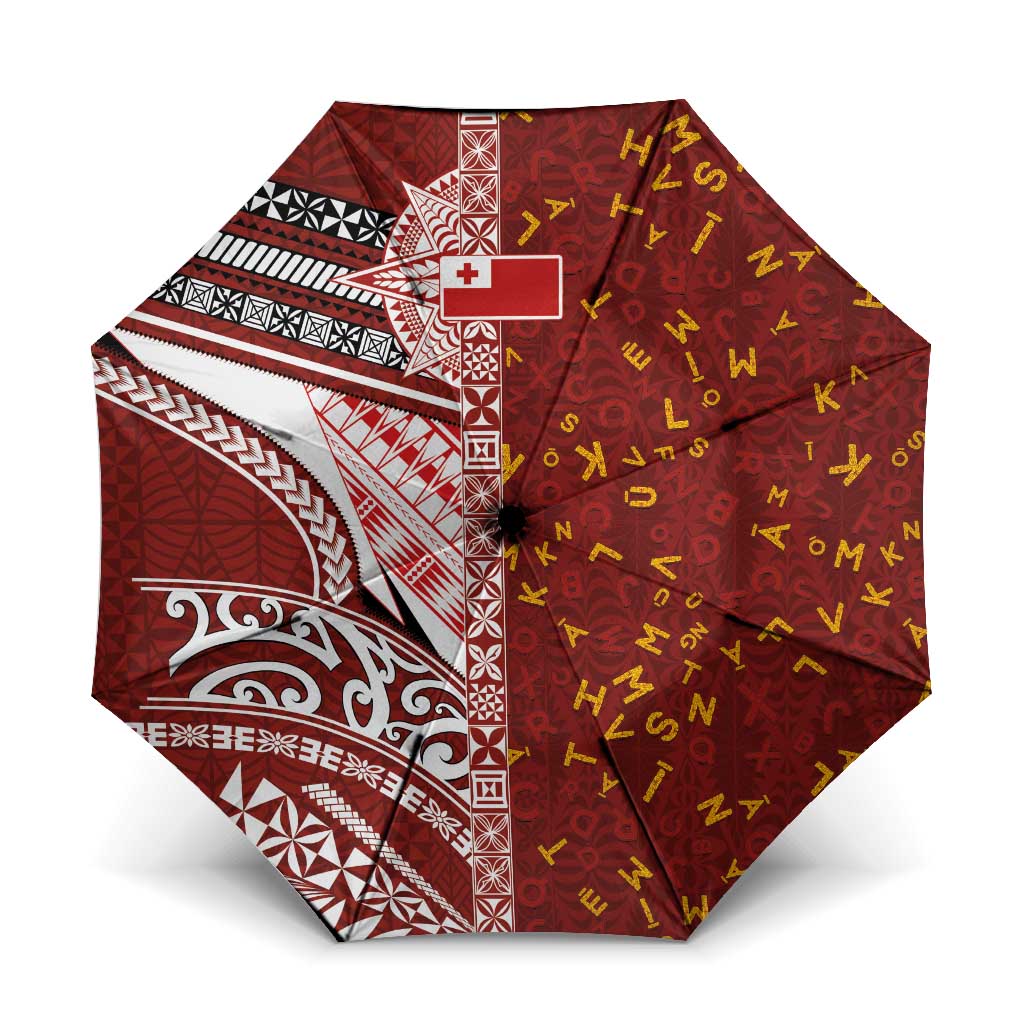 Tonga Language Week Umbrella Ngatu Pattern and Tongan Alphabet LT03 One Size Folded 11.42 inch Opened Diameter 37.4 inch Red - Polynesian Pride