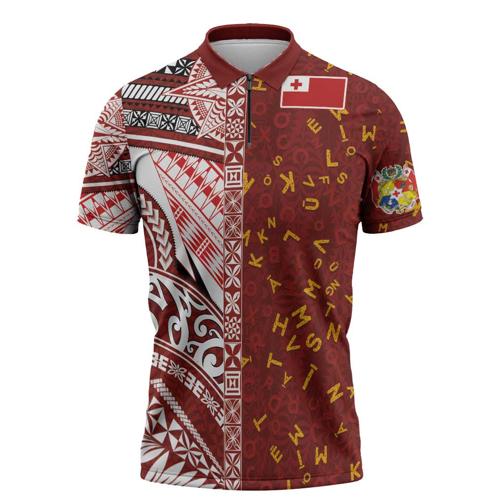 Tonga Language Week Zipper Polo Shirt Ngatu Pattern and Tongan Alphabet LT03 Red - Polynesian Pride