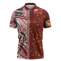 Tonga Language Week Zipper Polo Shirt Ngatu Pattern and Tongan Alphabet LT03 Red - Polynesian Pride