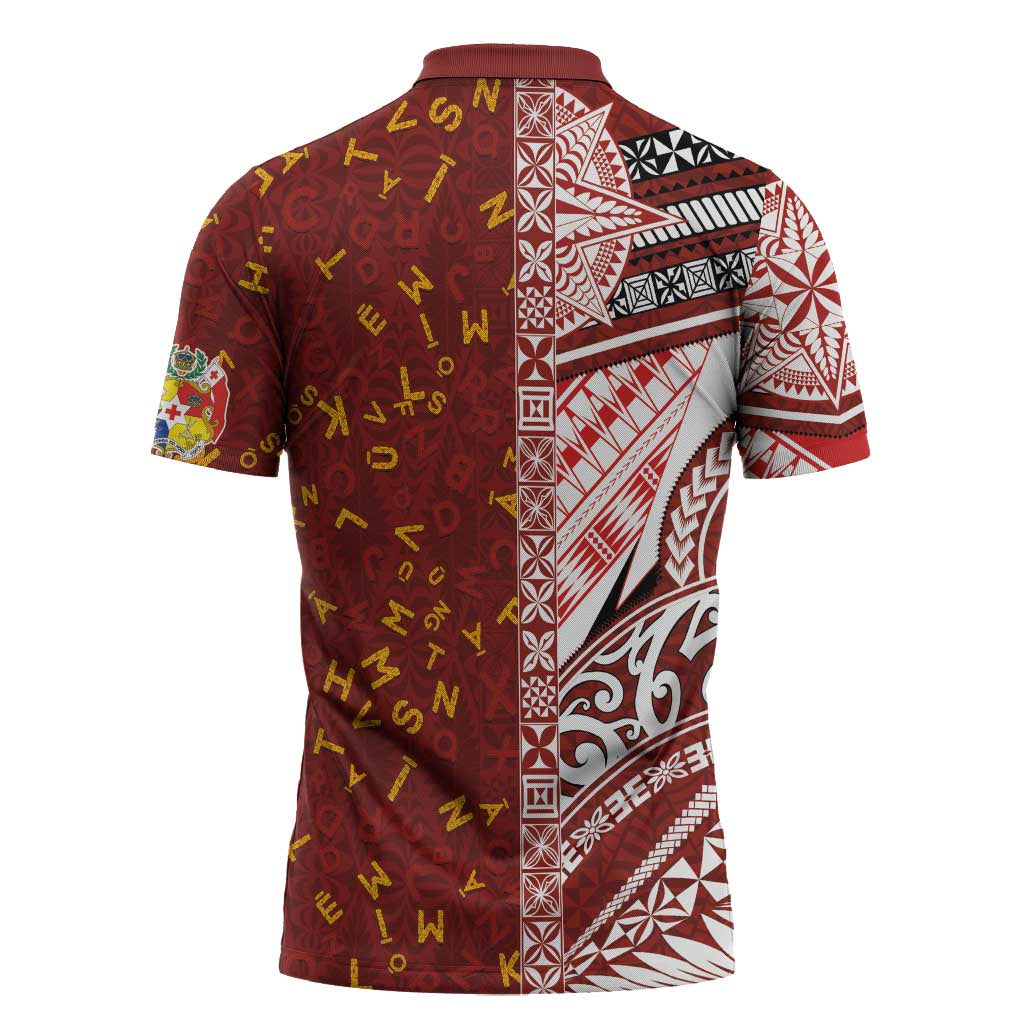 Tonga Language Week Zipper Polo Shirt Ngatu Pattern and Tongan Alphabet LT03 - Polynesian Pride