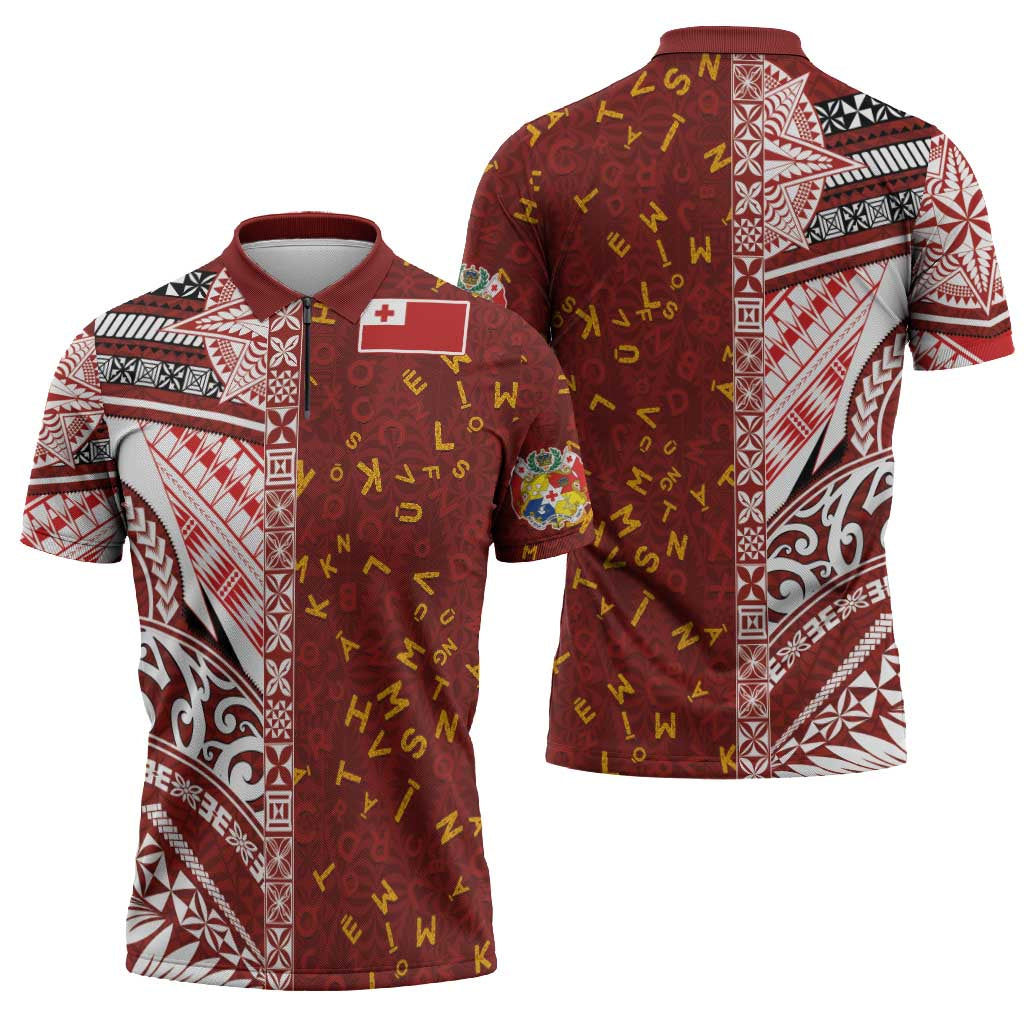 Tonga Language Week Zipper Polo Shirt Ngatu Pattern and Tongan Alphabet LT03 - Polynesian Pride