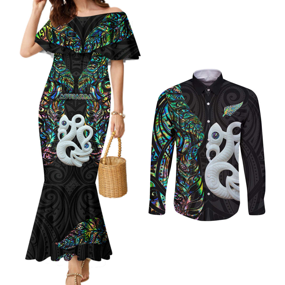 New Zealand Couples Matching Mermaid Dress and Long Sleeve Button Shirts Silver Fern and Manaia with Papua Shell Maori Tribal LT03 White - Polynesian Pride