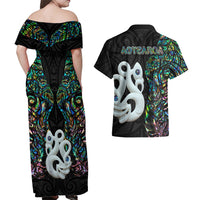 New Zealand Couples Matching Off Shoulder Maxi Dress and Hawaiian Shirt Silver Fern and Manaia with Papua Shell Maori Tribal LT03 - Polynesian Pride