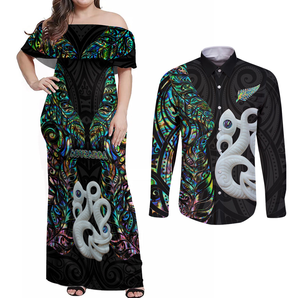 New Zealand Couples Matching Off Shoulder Maxi Dress and Long Sleeve Button Shirts Silver Fern and Manaia with Papua Shell Maori Tribal LT03 White - Polynesian Pride