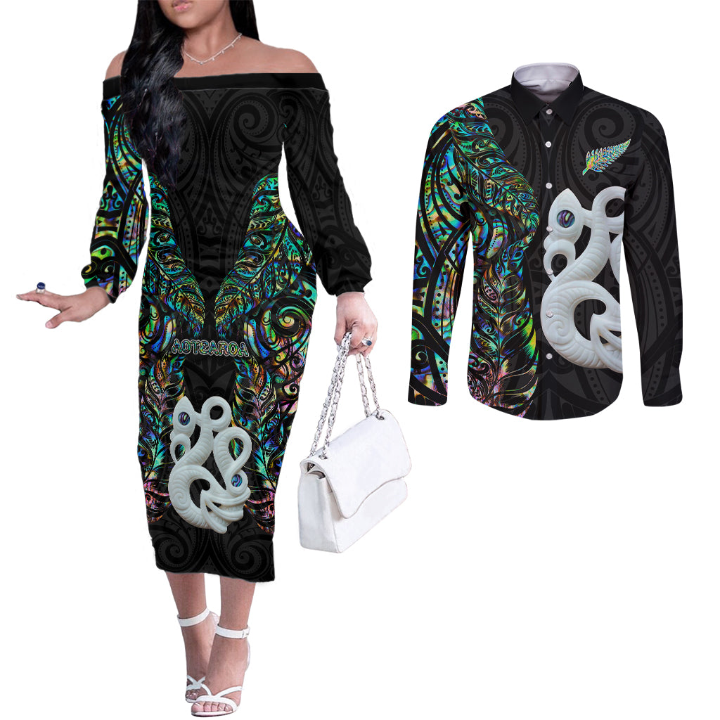 New Zealand Couples Matching Off The Shoulder Long Sleeve Dress and Long Sleeve Button Shirts Silver Fern and Manaia with Papua Shell Maori Tribal LT03 White - Polynesian Pride