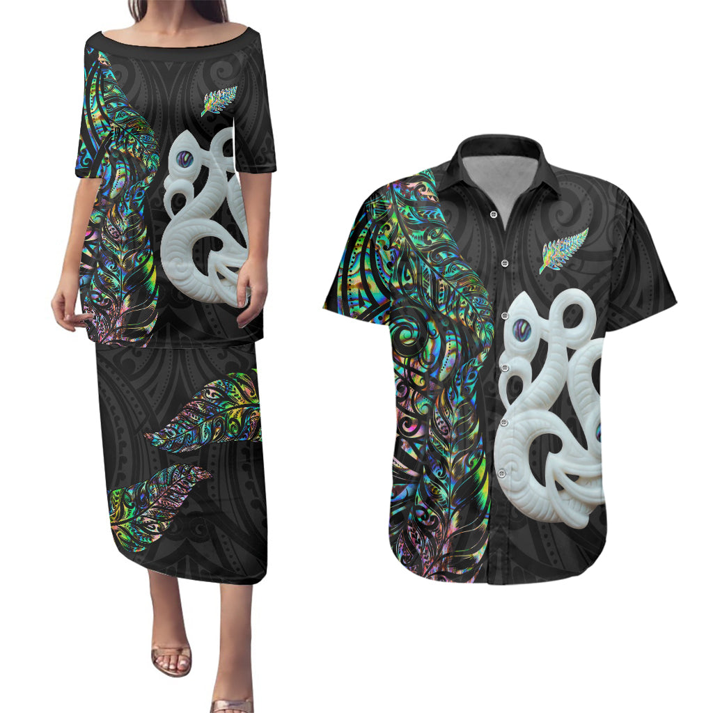 New Zealand Couples Matching Puletasi Dress and Hawaiian Shirt Silver Fern and Manaia with Papua Shell Maori Tribal LT03 White - Polynesian Pride