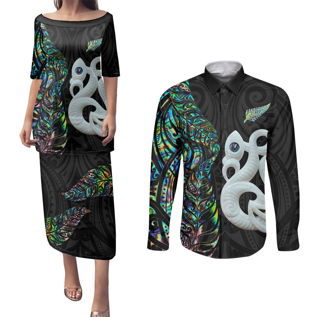 New Zealand Couples Matching Puletasi Dress and Long Sleeve Button Shirts Silver Fern and Manaia with Papua Shell Maori Tribal LT03 White - Polynesian Pride