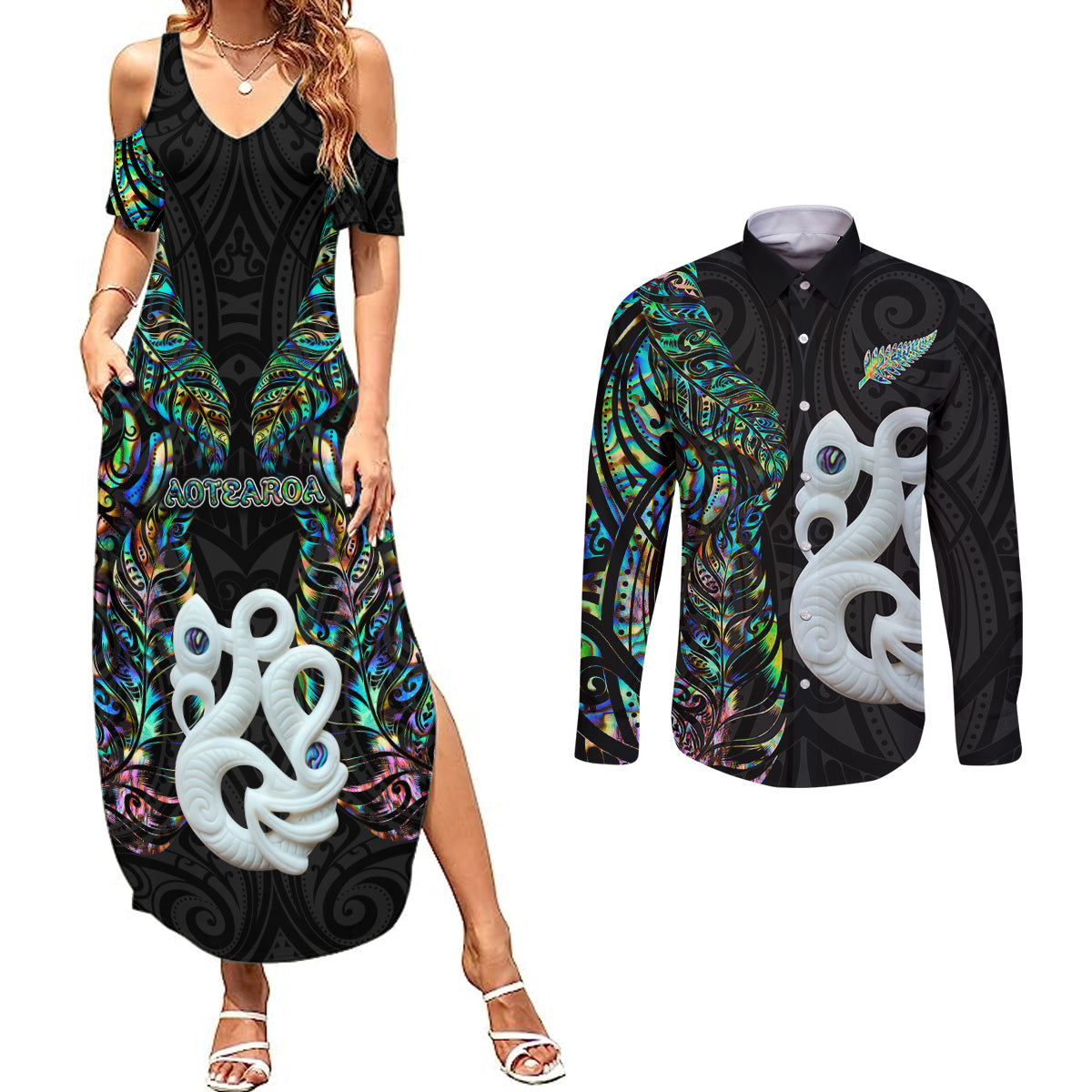 New Zealand Couples Matching Summer Maxi Dress and Long Sleeve Button Shirts Silver Fern and Manaia with Papua Shell Maori Tribal LT03 White - Polynesian Pride