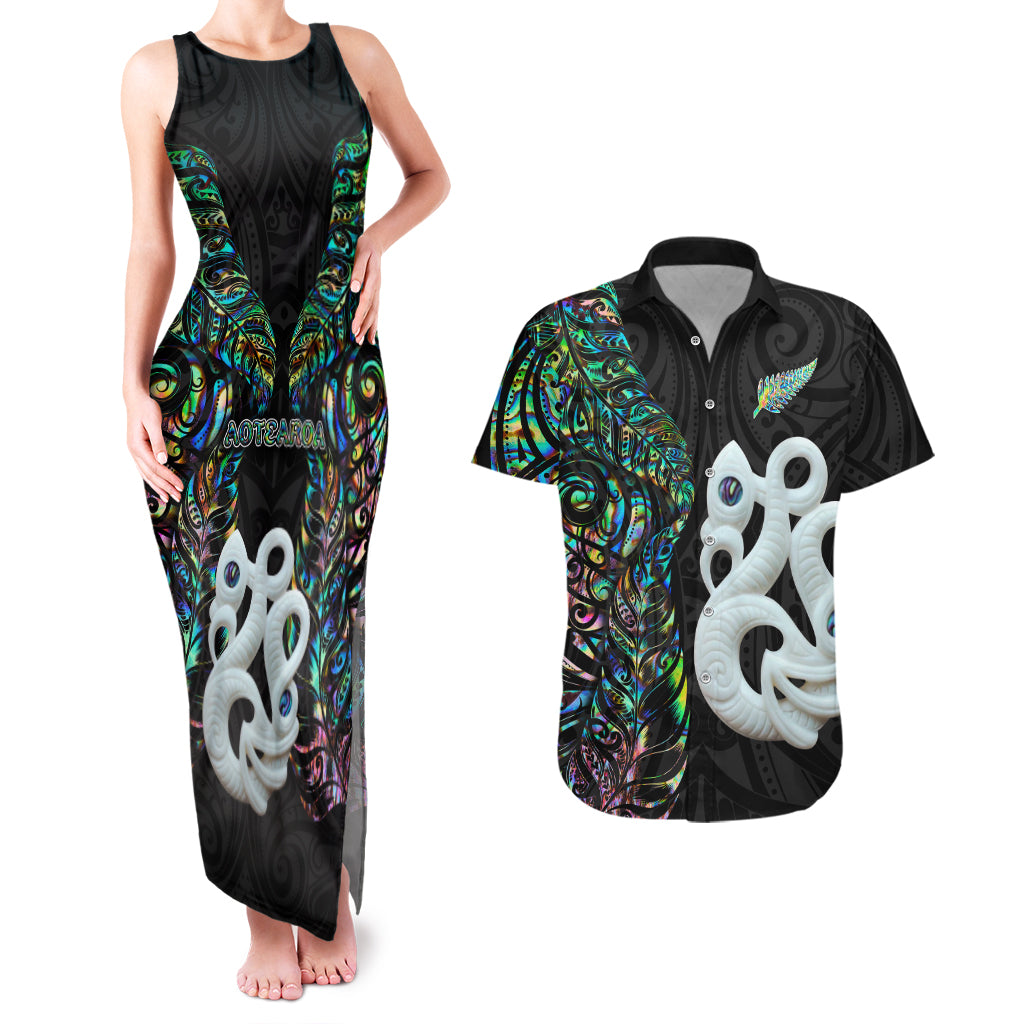 New Zealand Couples Matching Tank Maxi Dress and Hawaiian Shirt Silver Fern and Manaia with Papua Shell Maori Tribal LT03 White - Polynesian Pride