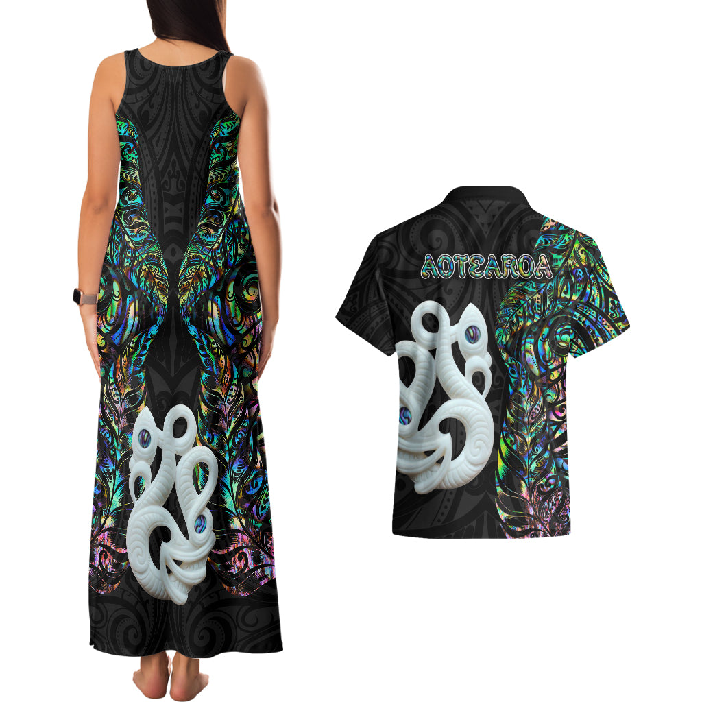 New Zealand Couples Matching Tank Maxi Dress and Hawaiian Shirt Silver Fern and Manaia with Papua Shell Maori Tribal LT03 - Polynesian Pride