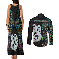 New Zealand Couples Matching Tank Maxi Dress and Long Sleeve Button Shirts Silver Fern and Manaia with Papua Shell Maori Tribal LT03 - Polynesian Pride