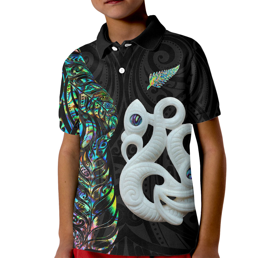 New Zealand Kid Polo Shirt Silver Fern and Manaia with Papua Shell Maori Tribal LT03 Kid White - Polynesian Pride