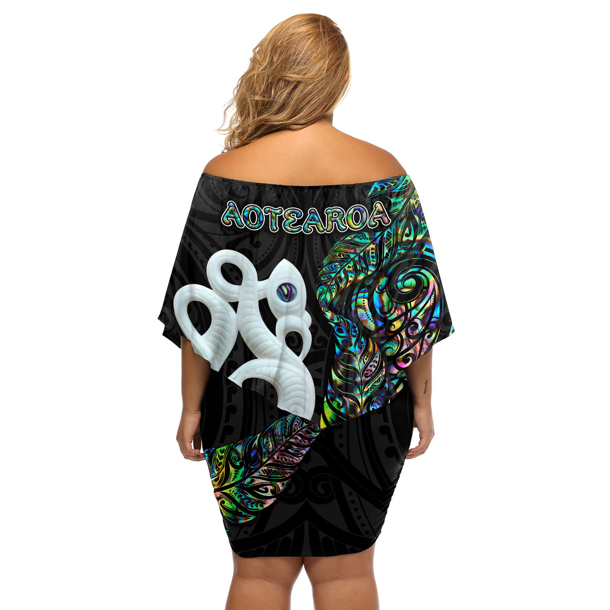 New Zealand Off Shoulder Short Dress Silver Fern and Manaia with Papua Shell Maori Tribal LT03 - Polynesian Pride