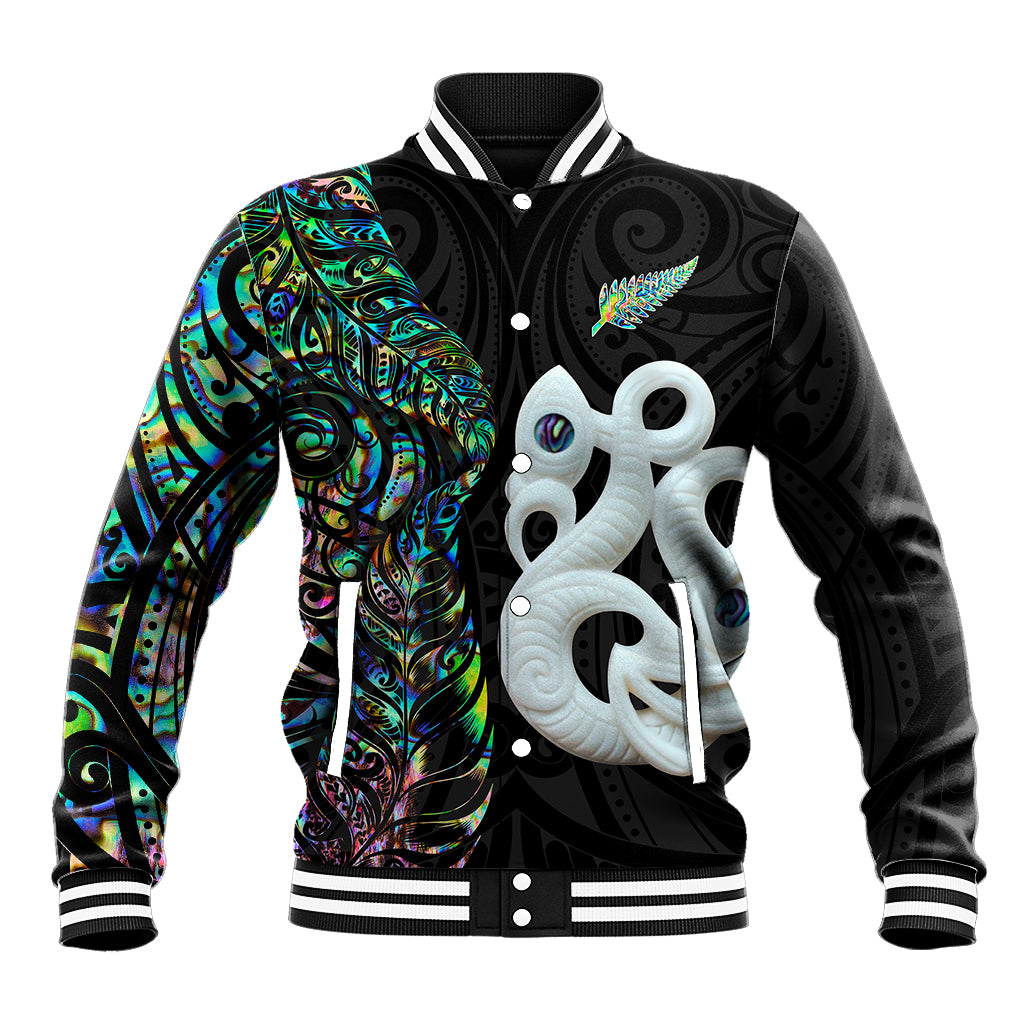 Custom New Zealand Baseball Jacket Silver Fern and Manaia with Papua Shell Maori Tribal LT03 Unisex White - Polynesian Pride