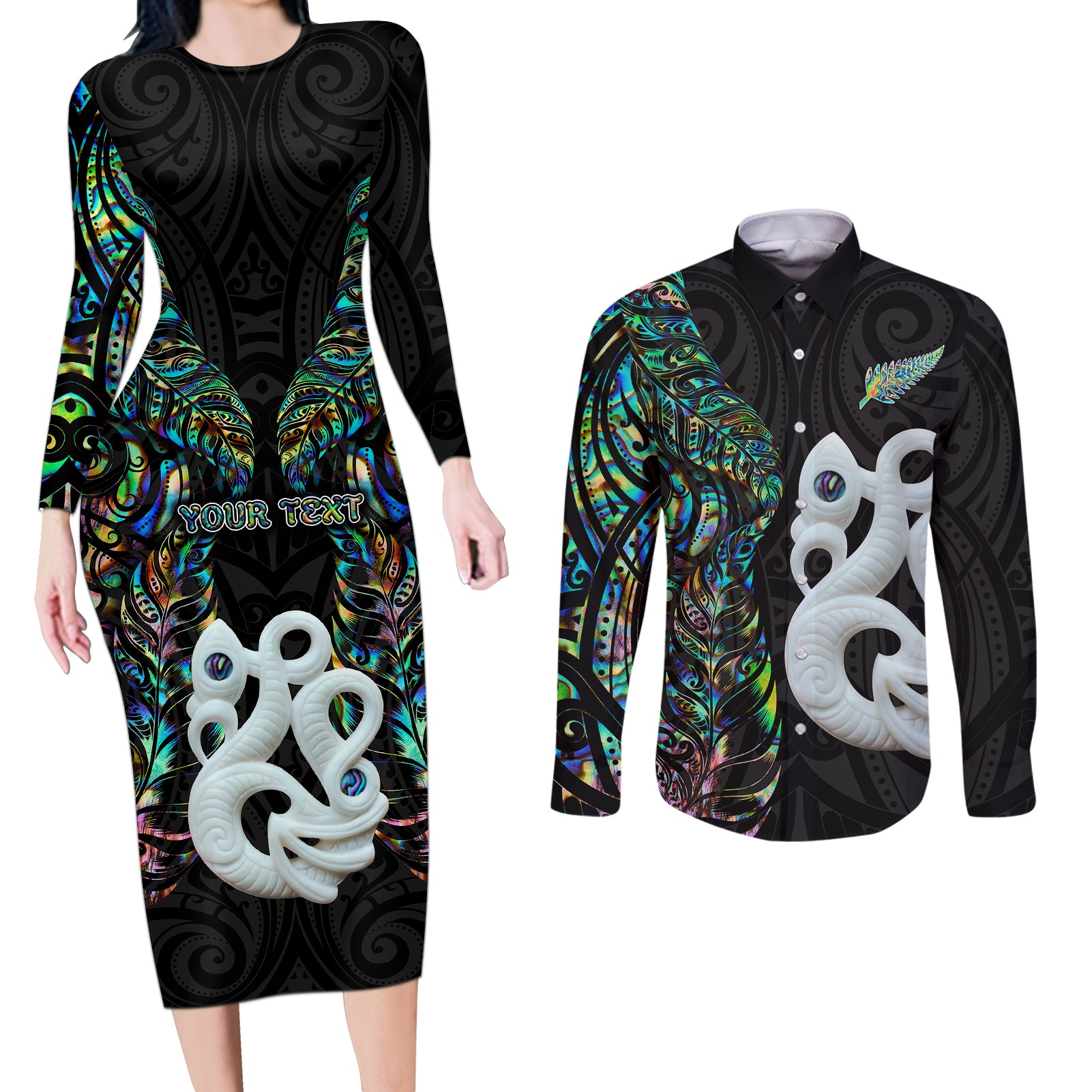 Custom New Zealand Couples Matching Long Sleeve Bodycon Dress and Long Sleeve Button Shirts Silver Fern and Manaia with Papua Shell Maori Tribal LT03 White - Polynesian Pride