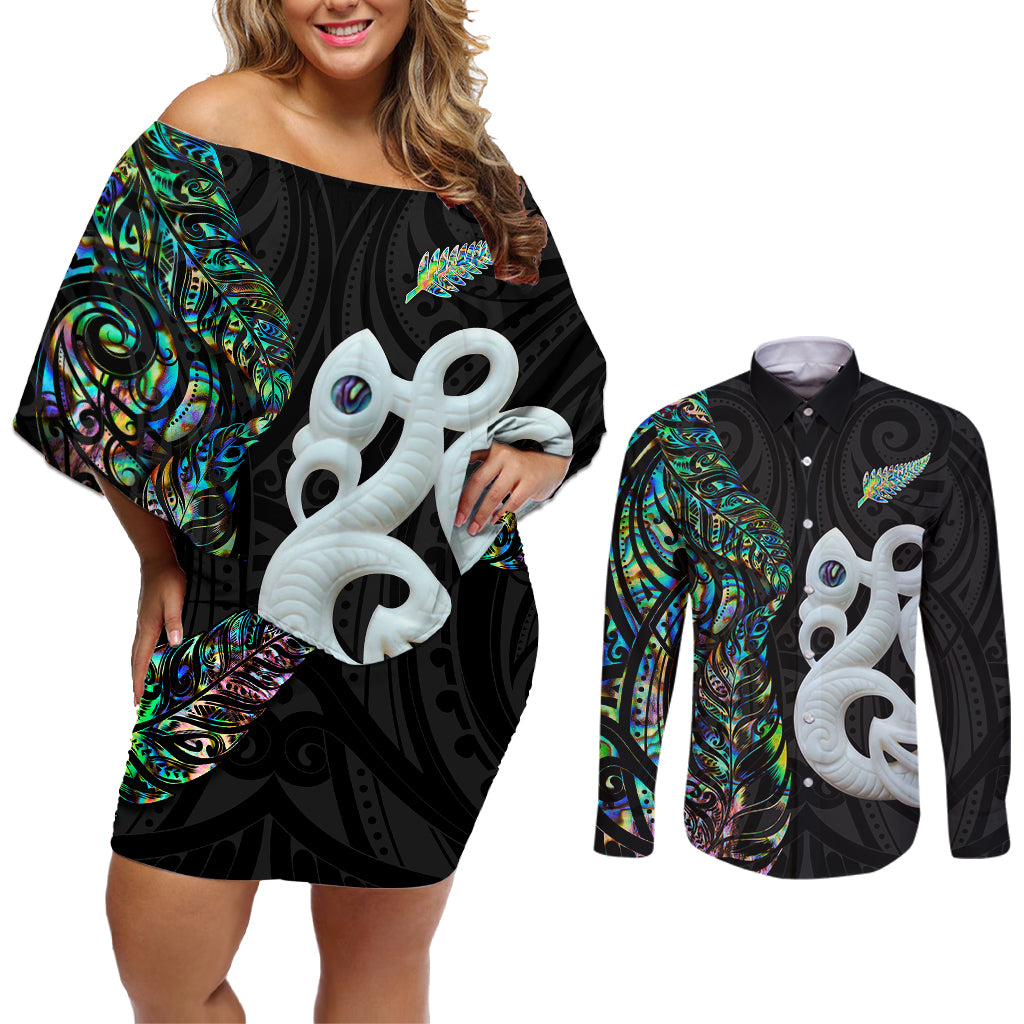 Custom New Zealand Couples Matching Off Shoulder Short Dress and Long Sleeve Button Shirts Silver Fern and Manaia with Papua Shell Maori Tribal LT03 White - Polynesian Pride