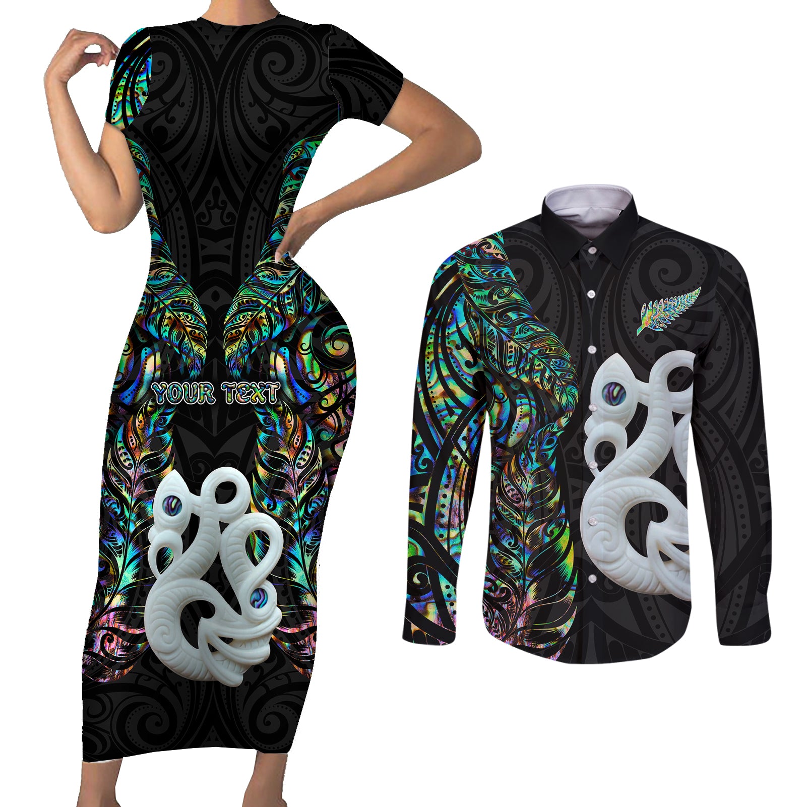 Custom New Zealand Couples Matching Short Sleeve Bodycon Dress and Long Sleeve Button Shirts Silver Fern and Manaia with Papua Shell Maori Tribal LT03 White - Polynesian Pride