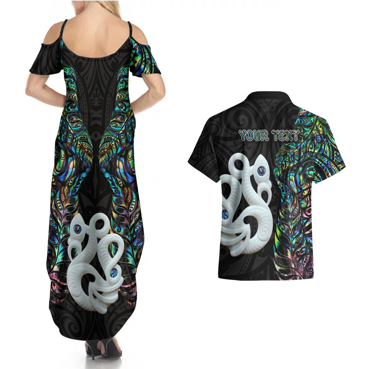Custom New Zealand Couples Matching Summer Maxi Dress and Hawaiian Shirt Silver Fern and Manaia with Papua Shell Maori Tribal LT03 - Polynesian Pride
