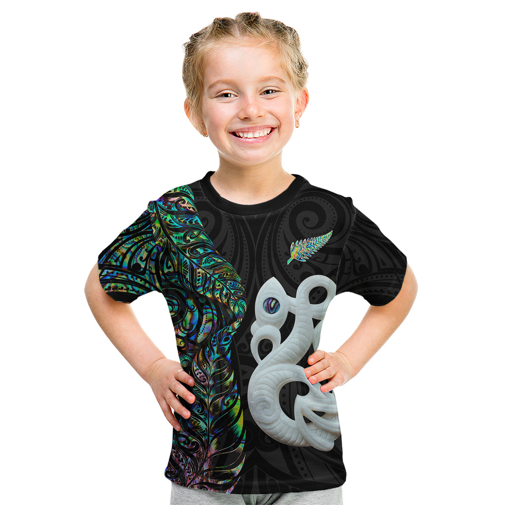 Custom New Zealand Kid T Shirt Silver Fern and Manaia with Papua Shell Maori Tribal LT03 White - Polynesian Pride