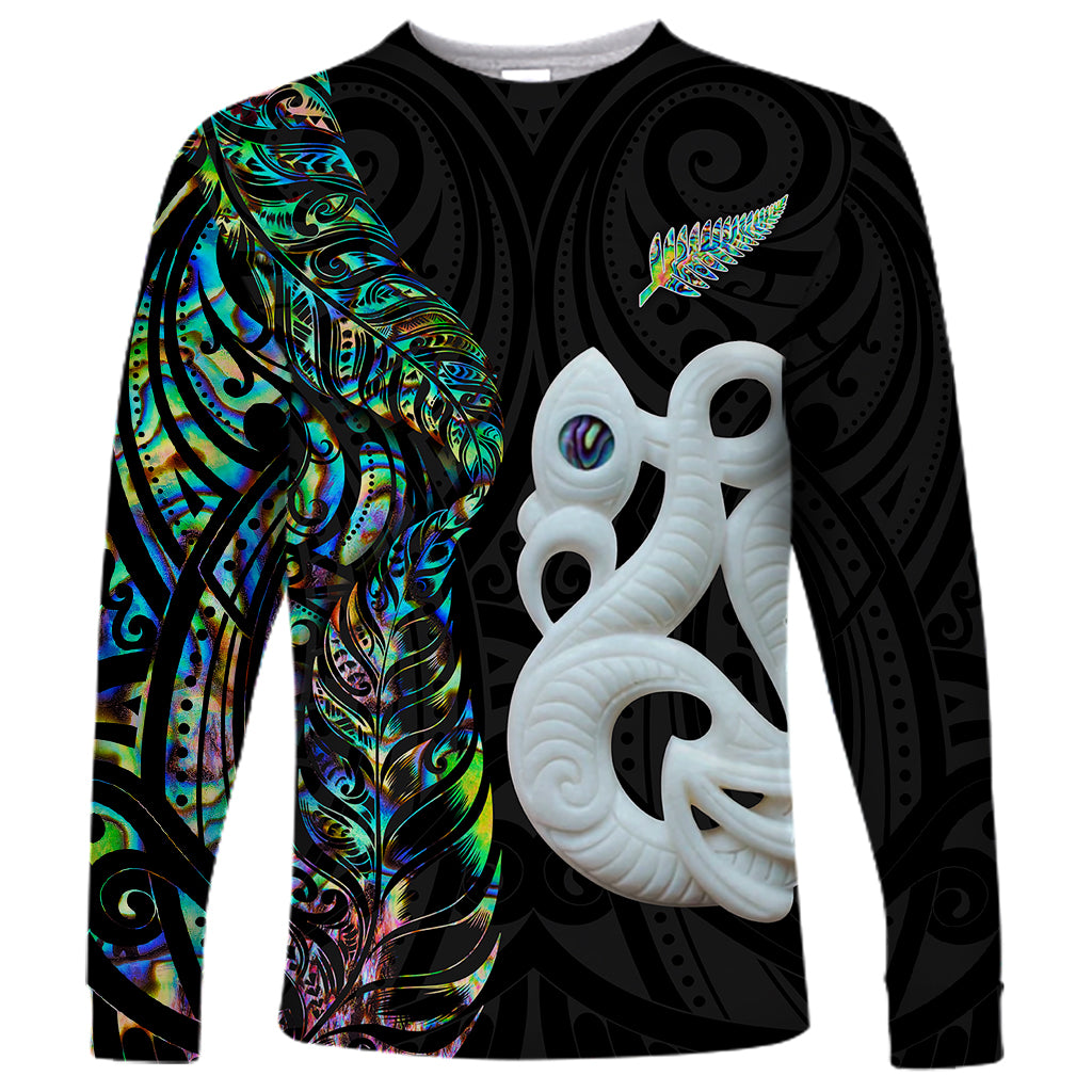 Custom New Zealand Long Sleeve Shirt Silver Fern and Manaia with Papua Shell Maori Tribal LT03 Unisex White - Polynesian Pride