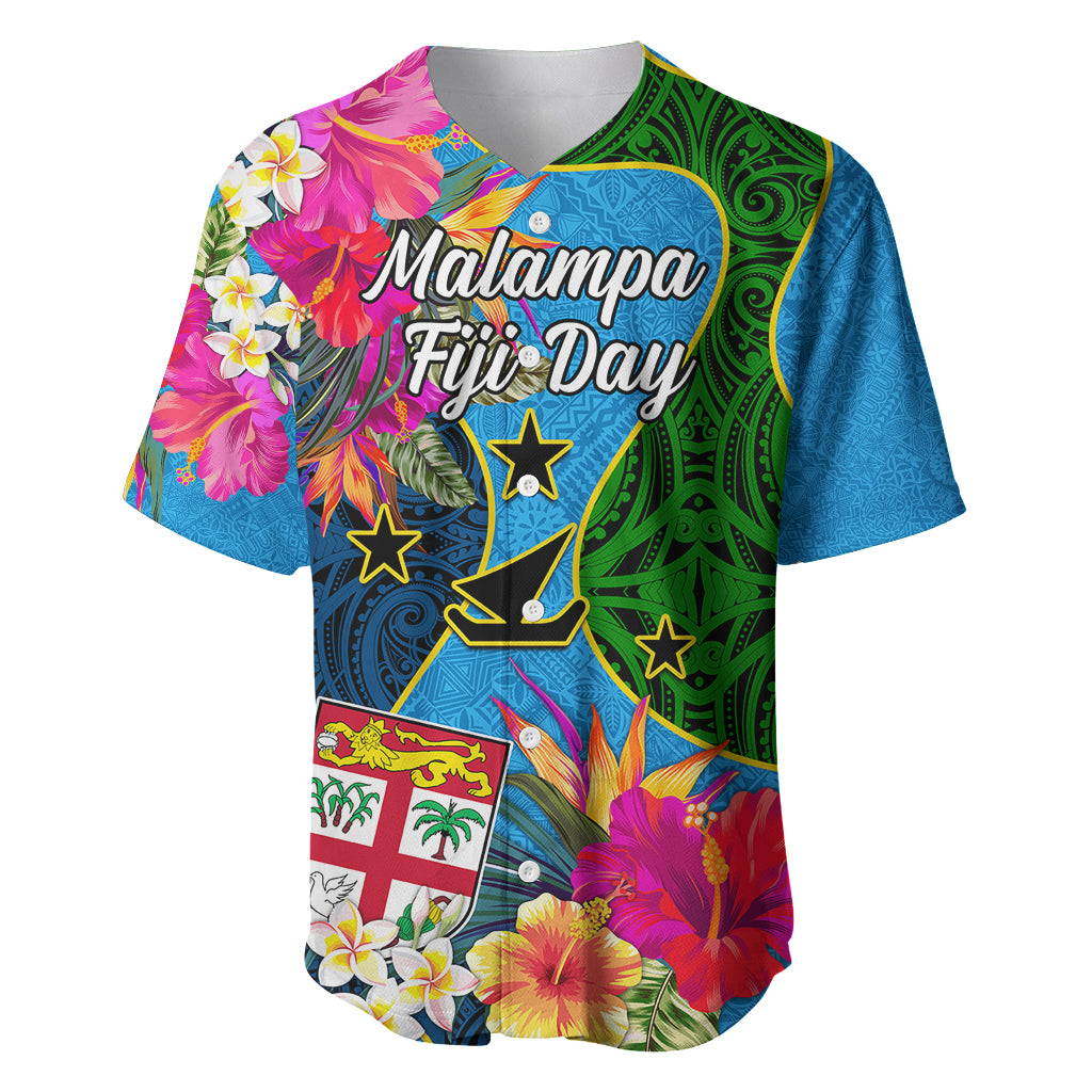 Personalised Malampa Fiji Day Baseball Jersey Tropical Plants Mix Polynesian and Tapa Pattern LT03 Blue - Polynesian Pride