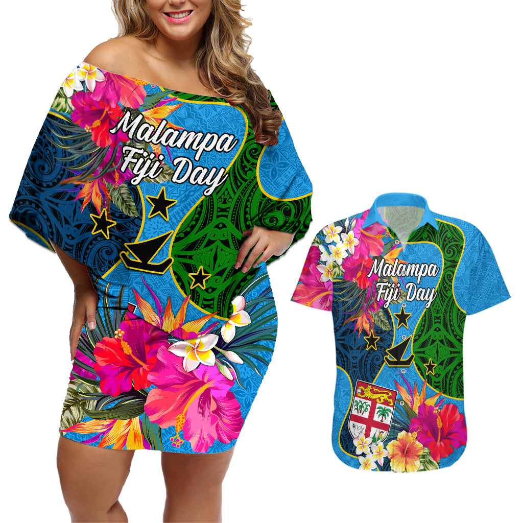 Personalised Malampa Fiji Day Couples Matching Off Shoulder Short Dress and Hawaiian Shirt Tropical Plants Mix Polynesian and Tapa Pattern LT03 Blue - Polynesian Pride