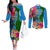 Personalised Malampa Fiji Day Couples Matching Off The Shoulder Long Sleeve Dress and Long Sleeve Button Shirts Tropical Plants Mix Polynesian and Tapa Pattern LT03 Blue - Polynesian Pride
