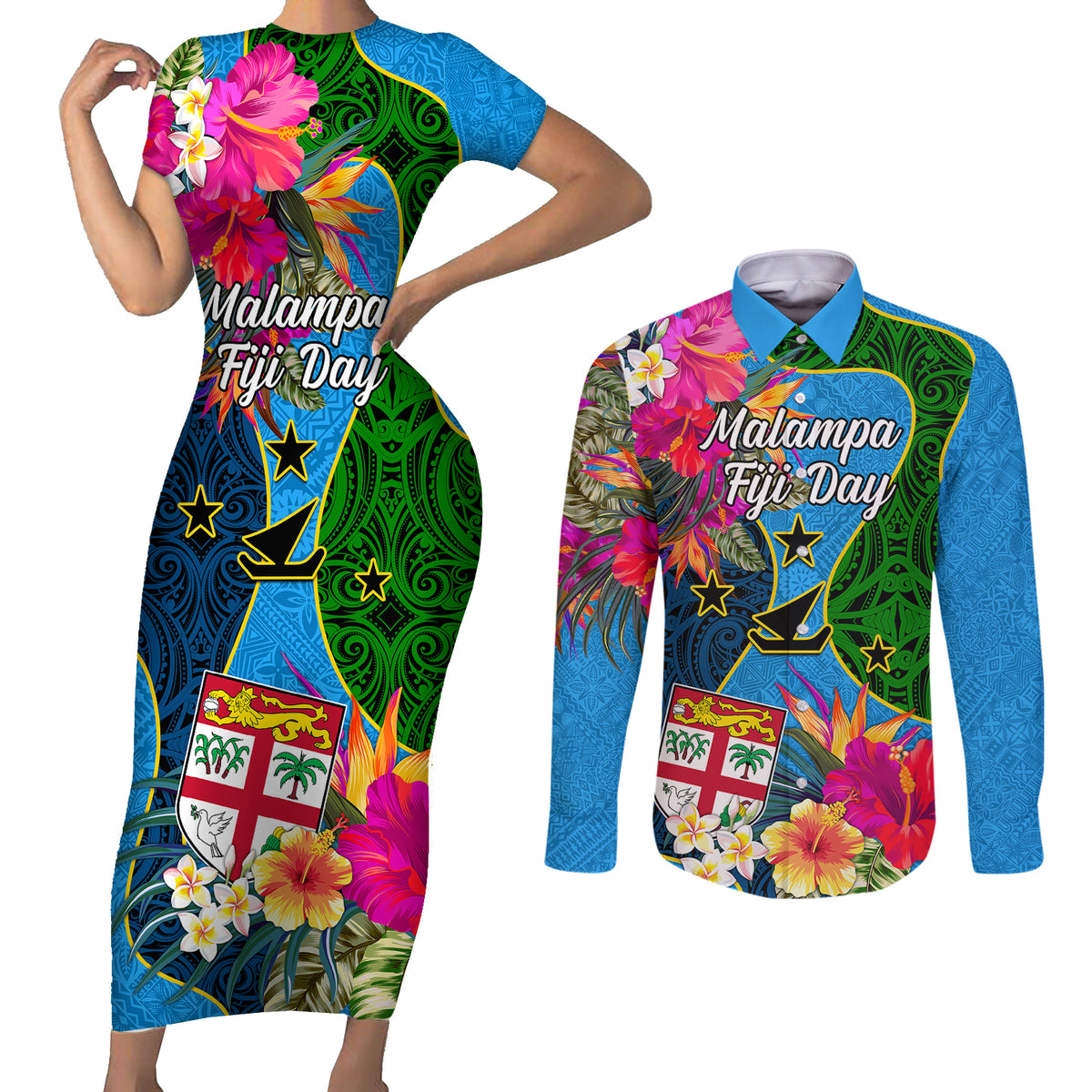 Personalised Malampa Fiji Day Couples Matching Short Sleeve Bodycon Dress and Long Sleeve Button Shirts Tropical Plants Mix Polynesian and Tapa Pattern LT03 Blue - Polynesian Pride