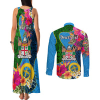 Personalised Malampa Fiji Day Couples Matching Tank Maxi Dress and Long Sleeve Button Shirts Tropical Plants Mix Polynesian and Tapa Pattern LT03 - Polynesian Pride