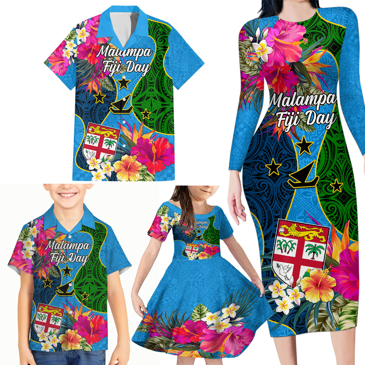 Personalised Malampa Fiji Day Family Matching Long Sleeve Bodycon Dress and Hawaiian Shirt Tropical Plants Mix Polynesian and Tapa Pattern LT03 - Polynesian Pride