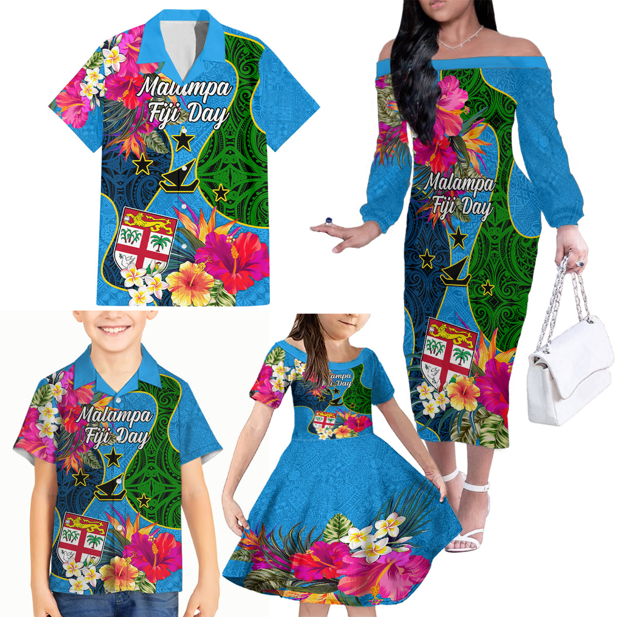 Personalised Malampa Fiji Day Family Matching Off Shoulder Long Sleeve Dress and Hawaiian Shirt Tropical Plants Mix Polynesian and Tapa Pattern LT03 - Polynesian Pride