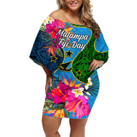 Personalised Malampa Fiji Day Off Shoulder Short Dress Tropical Plants Mix Polynesian and Tapa Pattern LT03 Women Blue - Polynesian Pride