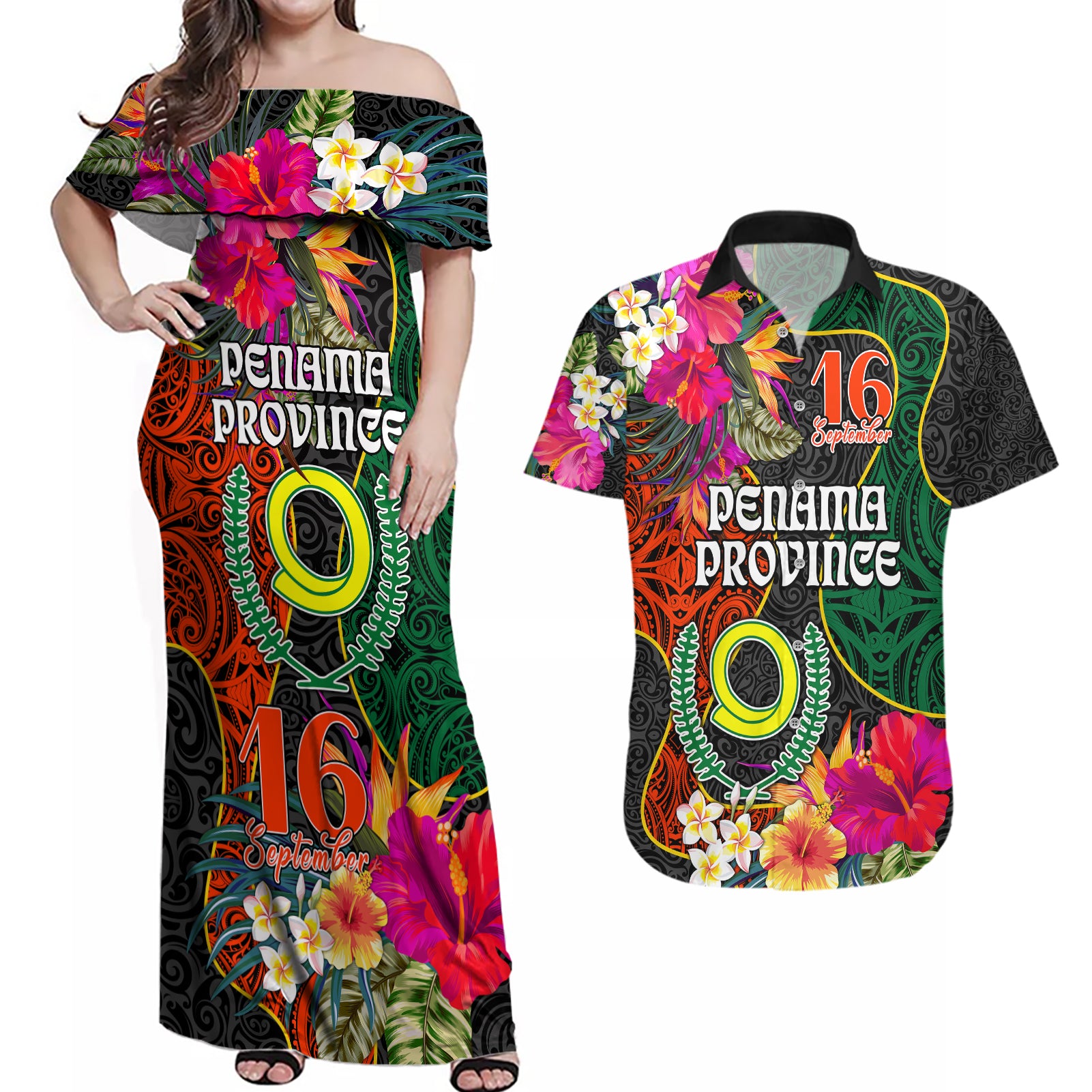 Penama Day Couples Matching Off Shoulder Maxi Dress and Hawaiian Shirt Proud To Be A Ni-Van Beauty Pacific Flower LT03 Black - Polynesian Pride