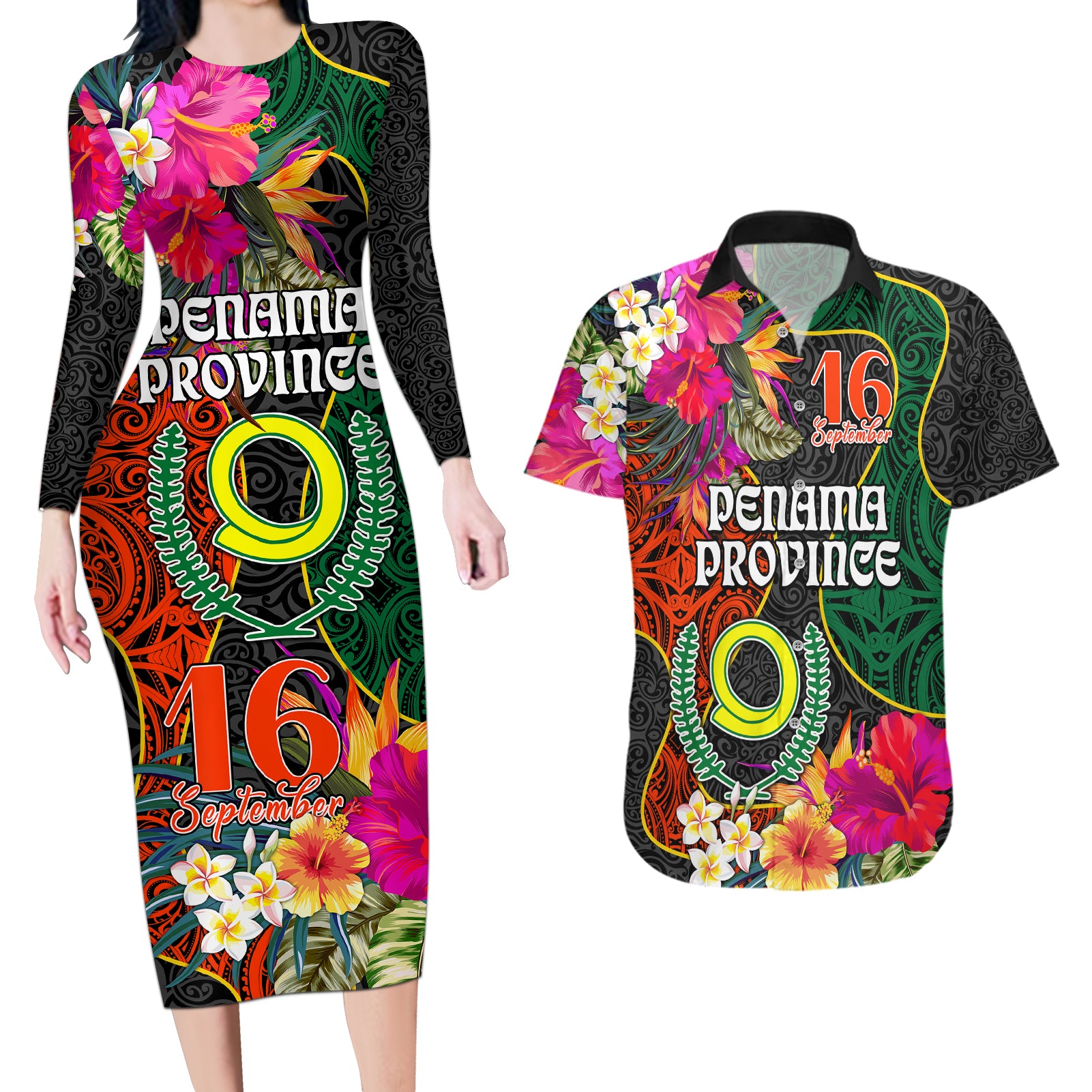 Personalised Penama Day Couples Matching Long Sleeve Bodycon Dress and Hawaiian Shirt Proud To Be A Ni-Van Beauty Pacific Flower LT03 Black - Polynesian Pride