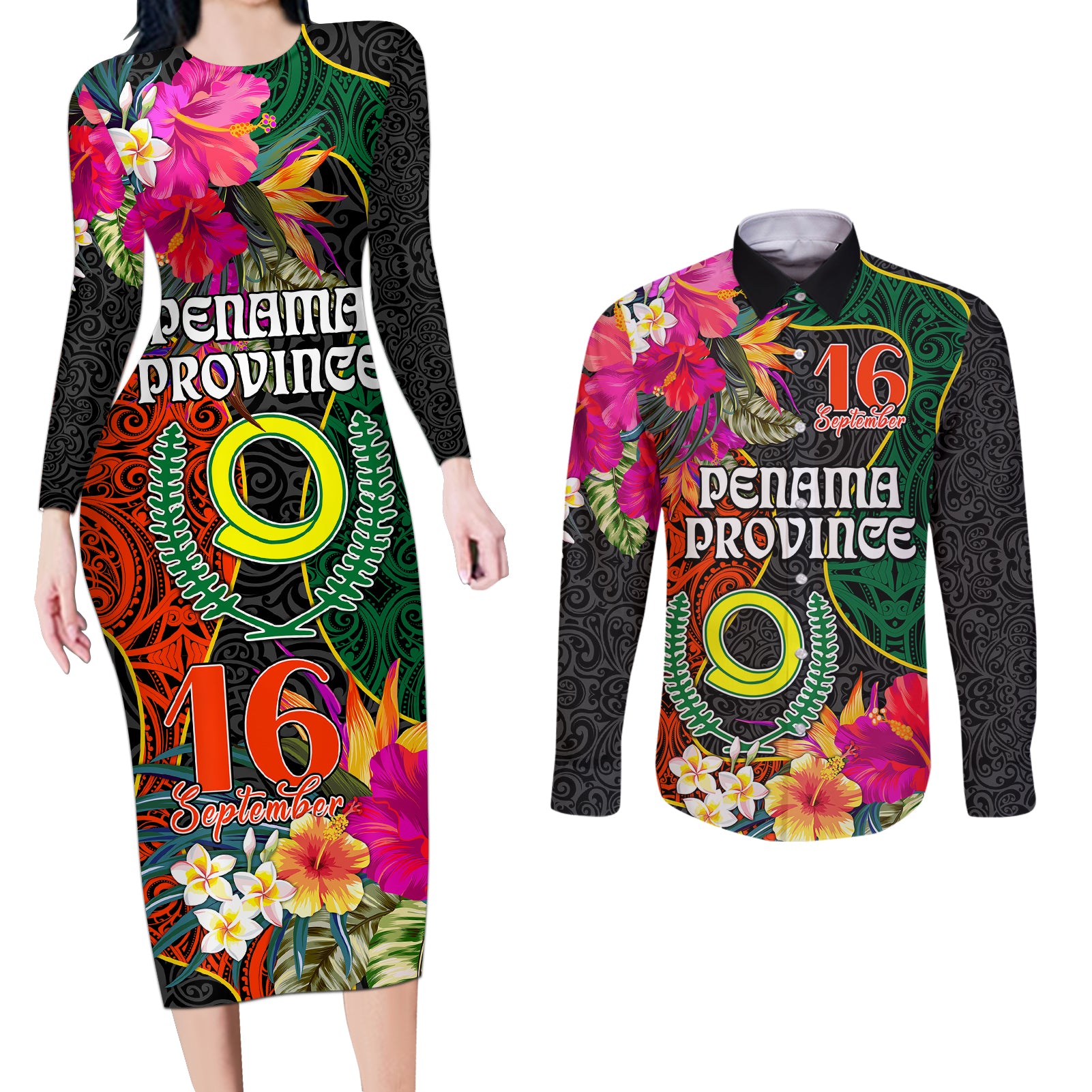 Personalised Penama Day Couples Matching Long Sleeve Bodycon Dress and Long Sleeve Button Shirts Proud To Be A Ni-Van Beauty Pacific Flower LT03 Black - Polynesian Pride