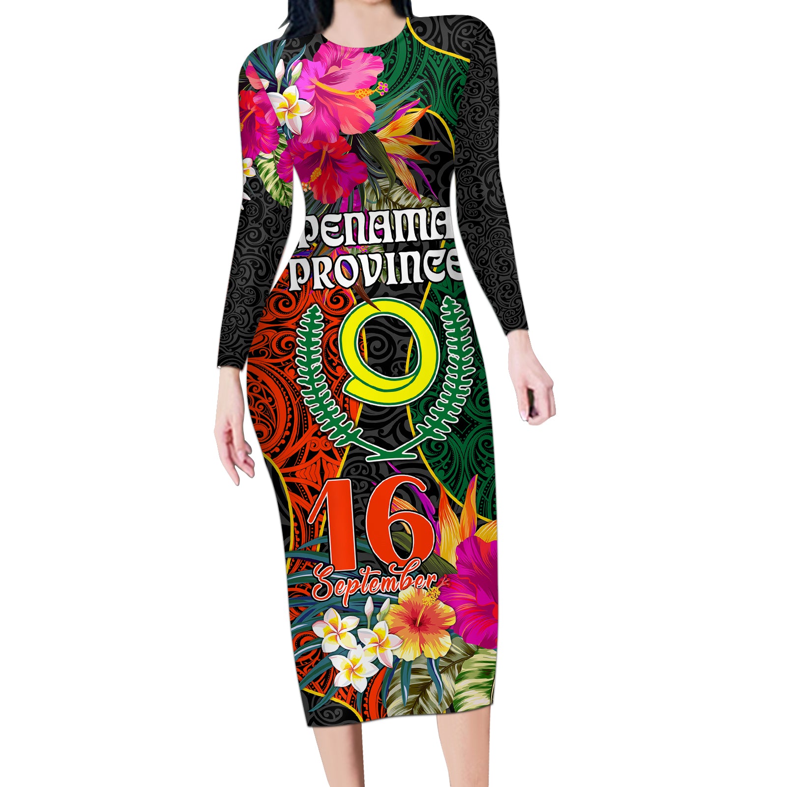 Personalised Penama Day Long Sleeve Bodycon Dress Proud To Be A Ni-Van Beauty Pacific Flower LT03 Long Dress Black - Polynesian Pride