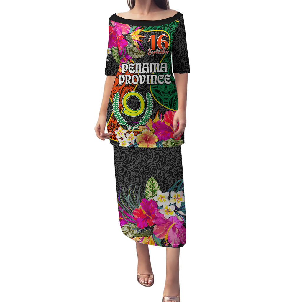 Personalised Penama Day Puletasi Proud To Be A Ni-Van Beauty Pacific Flower LT03 Long Dress Black - Polynesian Pride