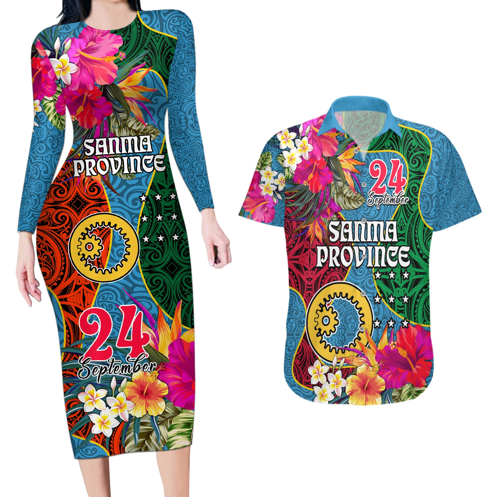 Sanma Day Couples Matching Long Sleeve Bodycon Dress and Hawaiian Shirt Proud To Be A Ni-Van Beauty Pacific Flower LT03 Blue - Polynesian Pride