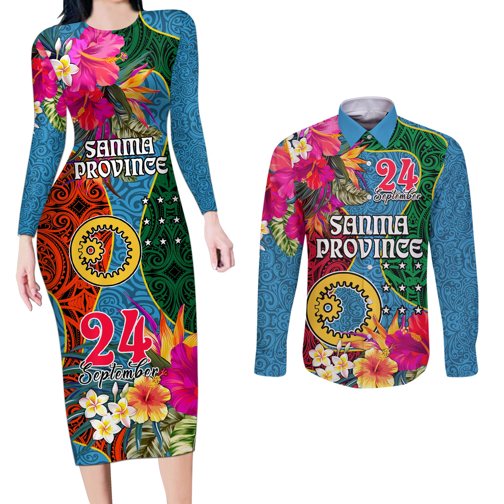 Sanma Day Couples Matching Long Sleeve Bodycon Dress and Long Sleeve Button Shirts Proud To Be A Ni-Van Beauty Pacific Flower LT03 Blue - Polynesian Pride