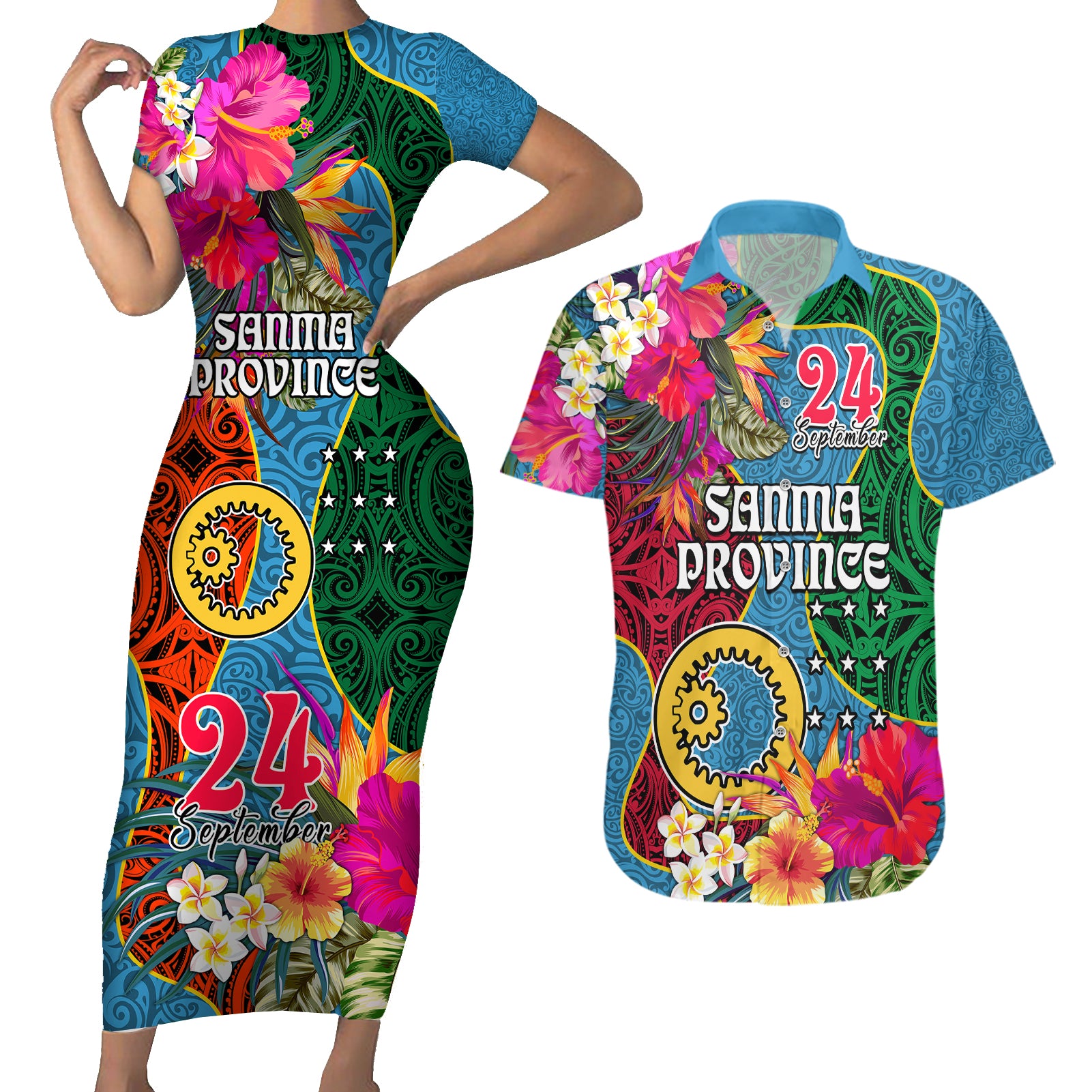 Sanma Day Couples Matching Short Sleeve Bodycon Dress and Hawaiian Shirt Proud To Be A Ni-Van Beauty Pacific Flower LT03 Blue - Polynesian Pride