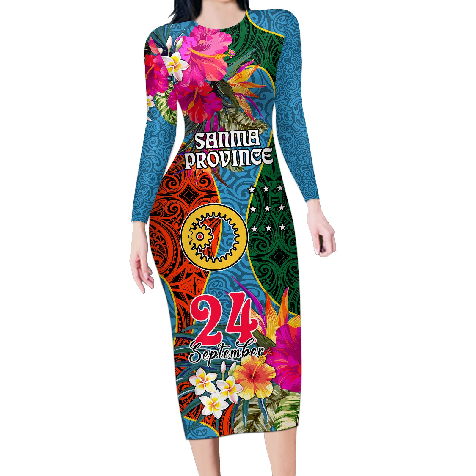 Sanma Day Long Sleeve Bodycon Dress Proud To Be A Ni-Van Beauty Pacific Flower LT03 Long Dress Blue - Polynesian Pride