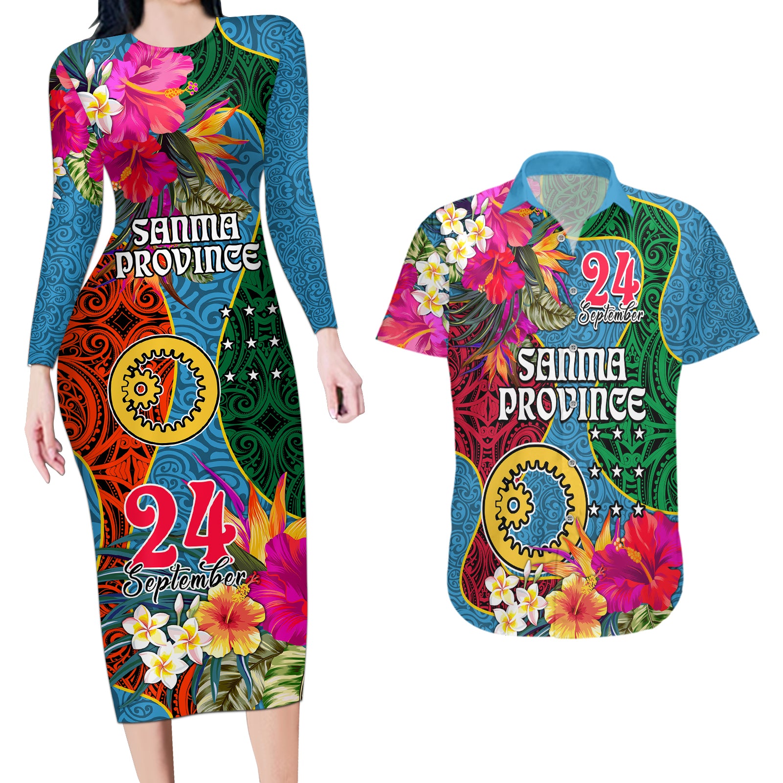 Personalised Sanma Day Couples Matching Long Sleeve Bodycon Dress and Hawaiian Shirt Proud To Be A Ni-Van Beauty Pacific Flower LT03 Blue - Polynesian Pride